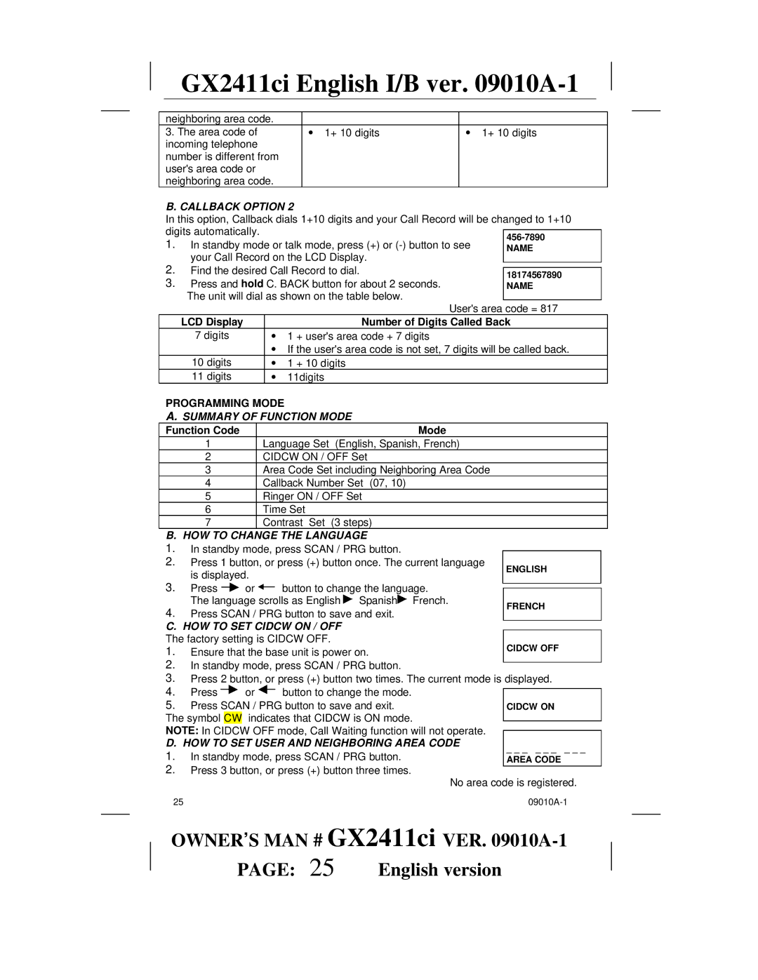 Audiovox GX2411ci manual Programming Mode, Summary of Function Mode, HOW to Change the Language, HOW to SET Cidcw on / OFF 