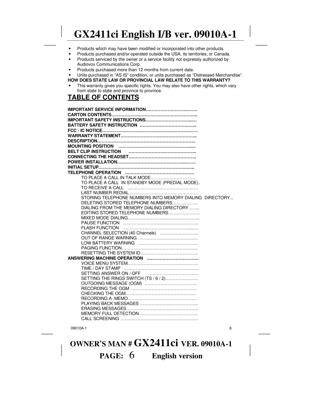 Audiovox GX2411ci manual Table of Contents 