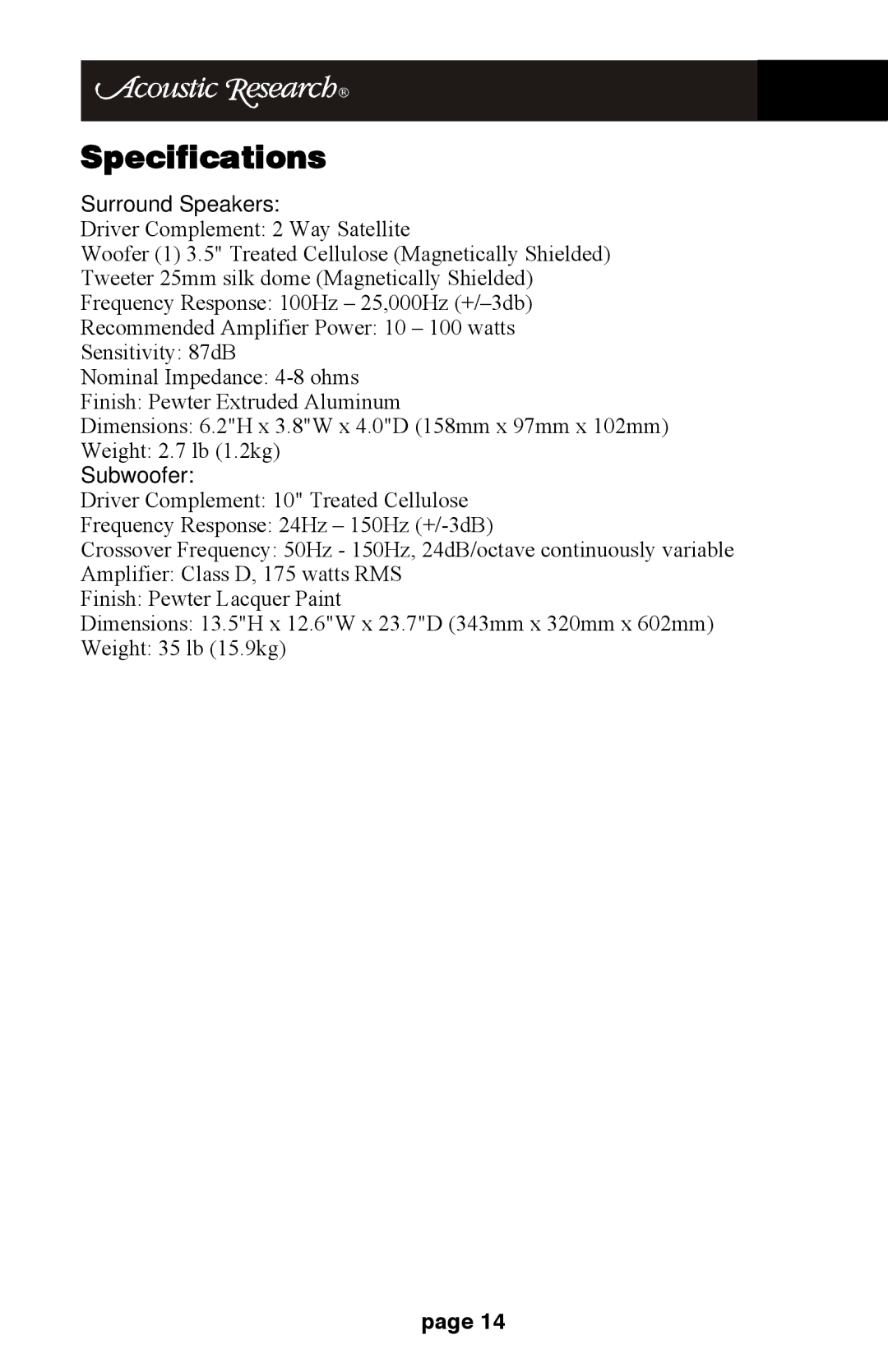 Audiovox HD510 operation manual Specifications, Surround Speakers 