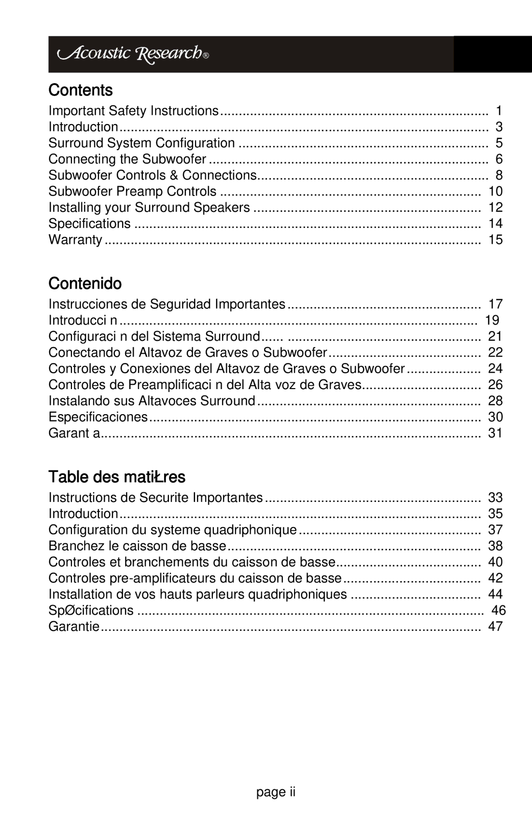 Audiovox HD510 operation manual Contents, Contenido, Table des matières 