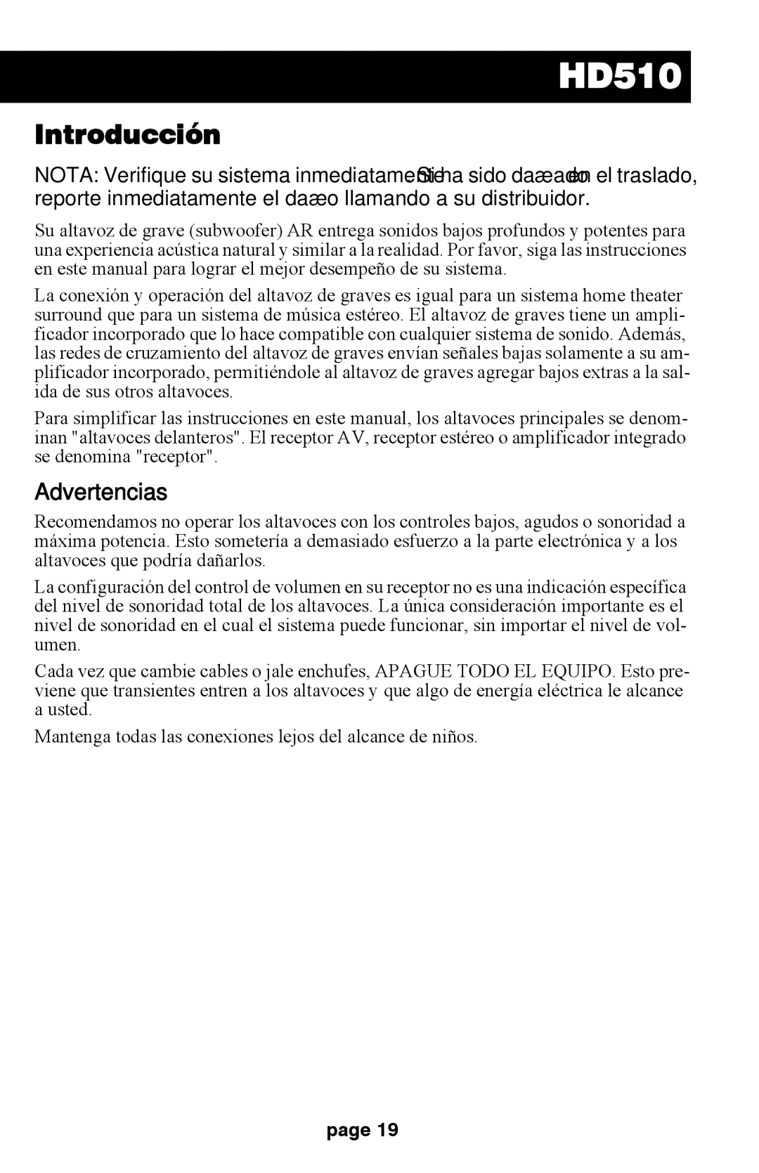 Audiovox HD510 operation manual Introducción, Advertencias 