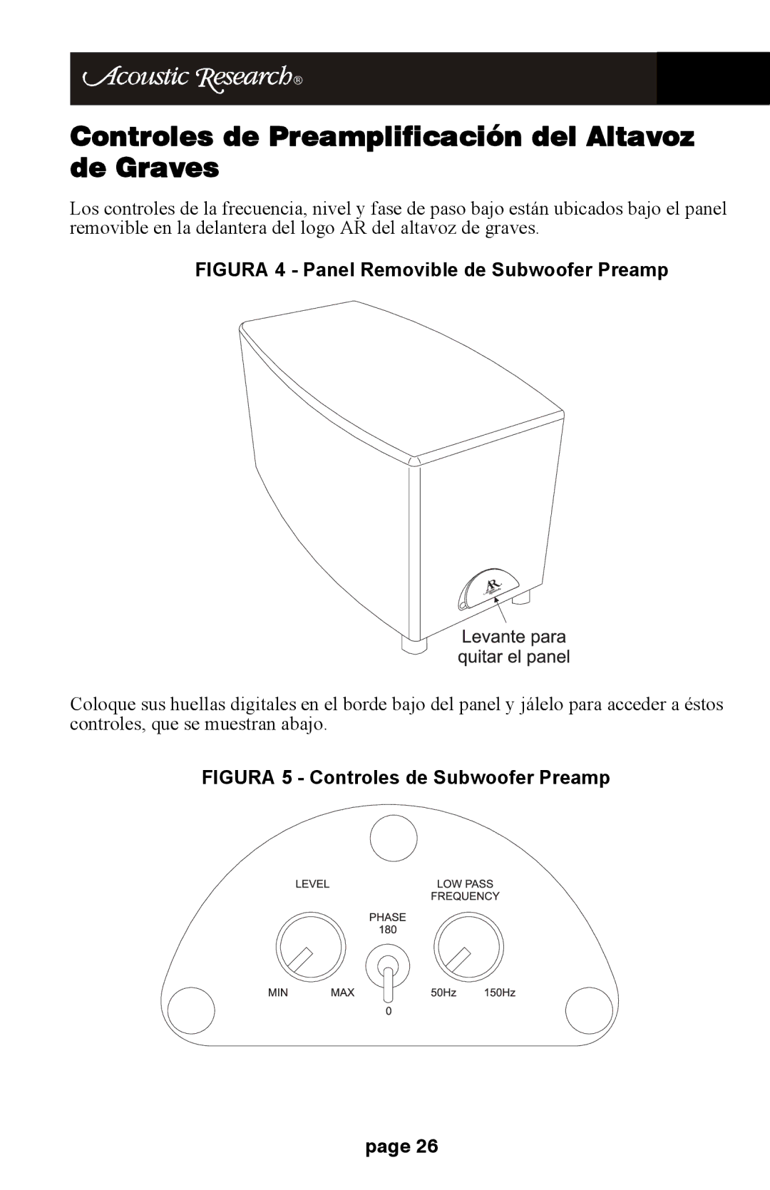 Audiovox HD510 Controles de Preamplificación del Altavoz de Graves, Figura 4 Panel Removible de Subwoofer Preamp 