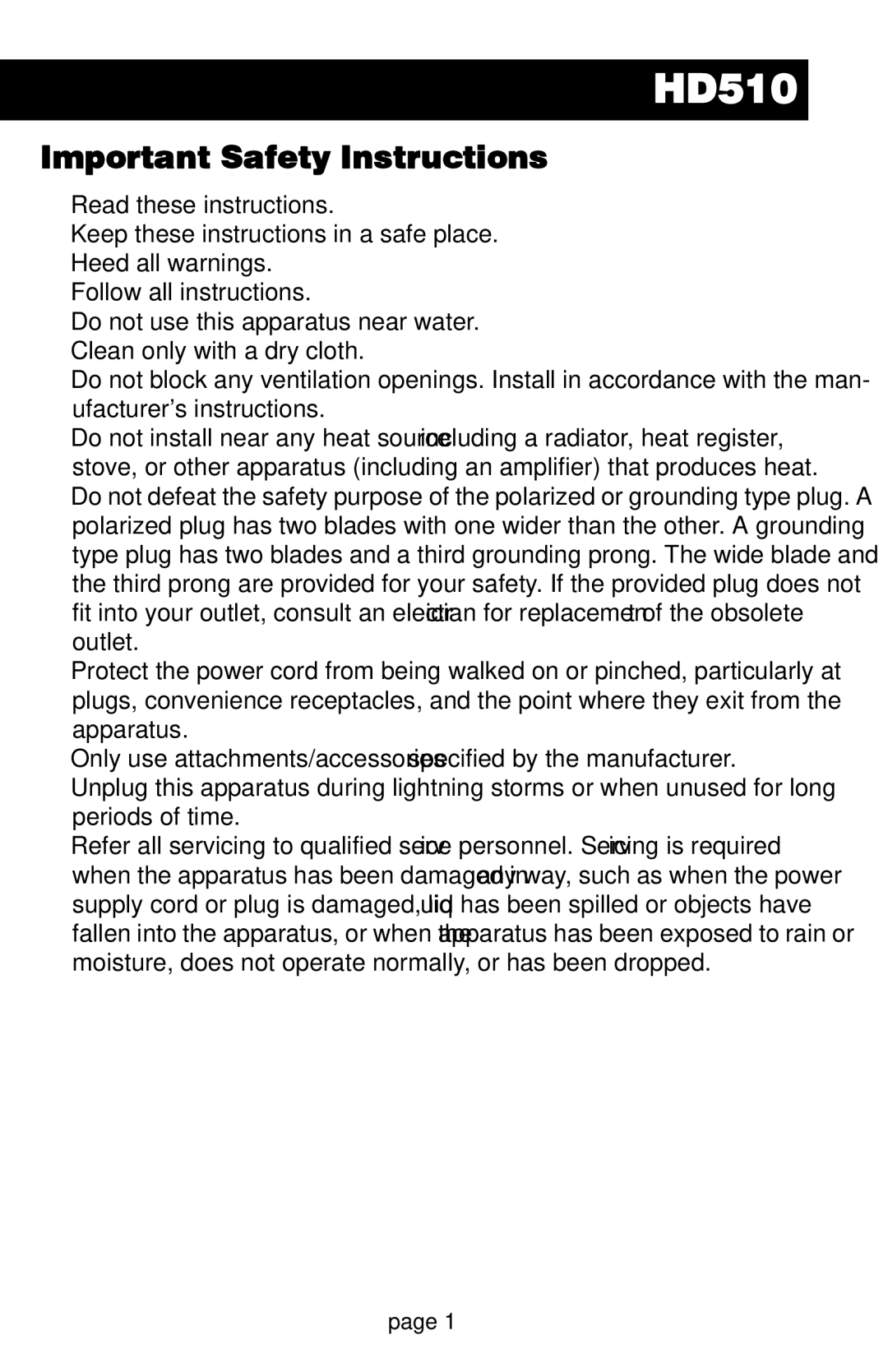 Audiovox HD510 operation manual Important Safety Instructions 