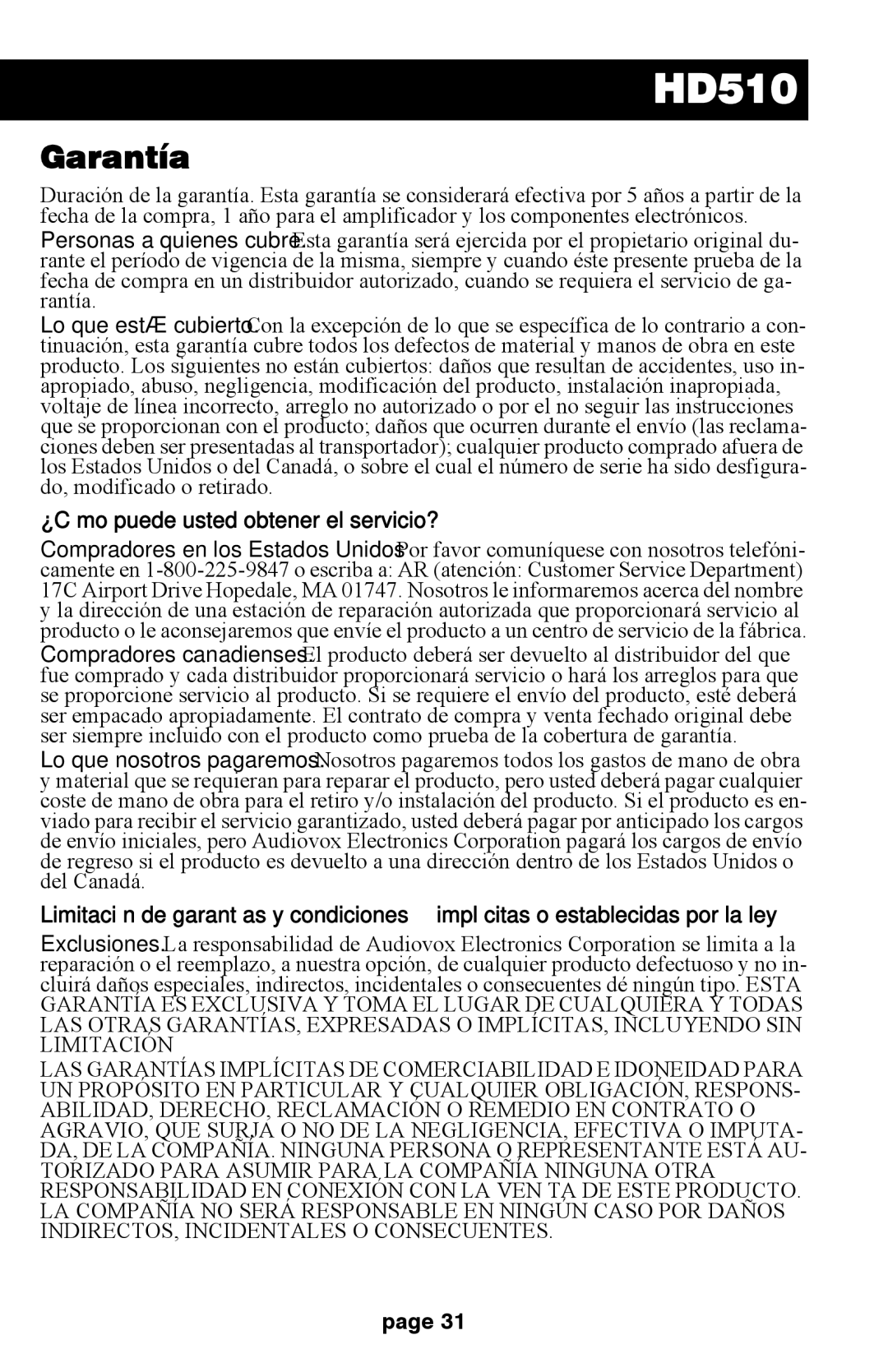 Audiovox HD510 operation manual Garantía, ¿Cómo puede usted obtener el servicio? 