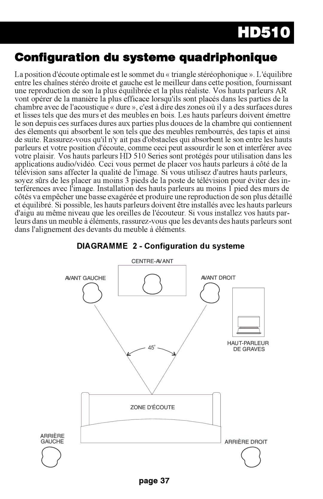 Audiovox HD510 operation manual Configuration du systeme quadriphonique 