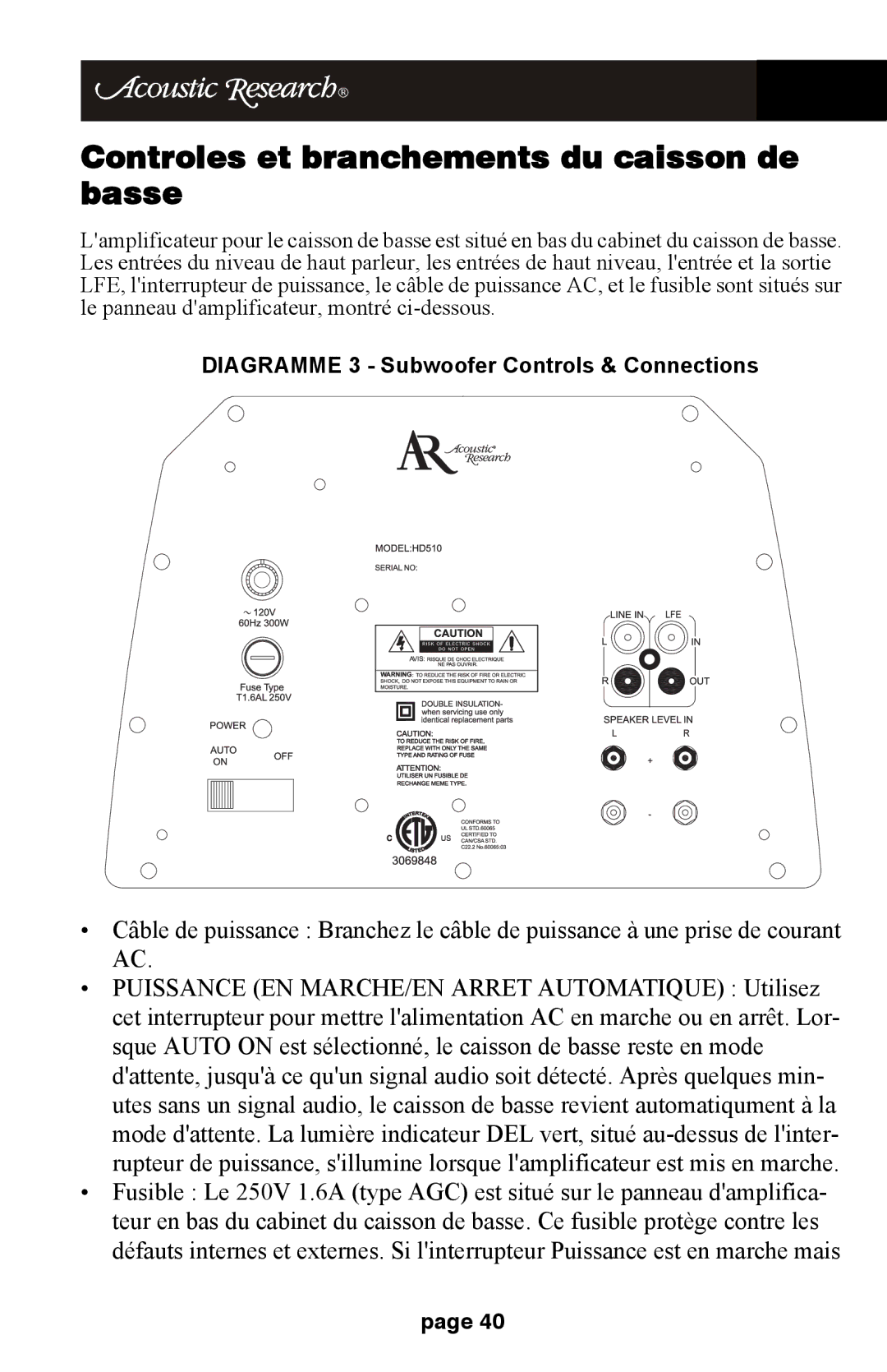 Audiovox HD510 operation manual Controles et branchements du caisson de basse 