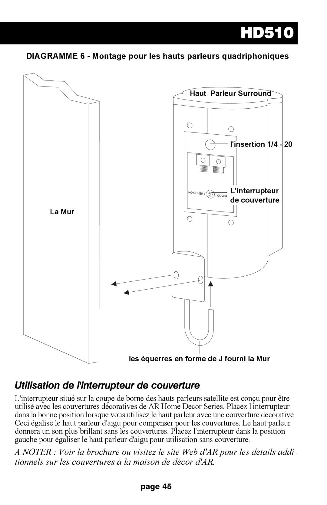 Audiovox HD510 Utilisation de linterrupteur de couverture, Diagramme 6 Montage pour les hauts parleurs quadriphoniques 