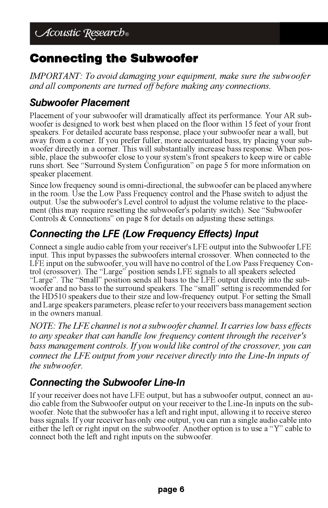 Audiovox HD510 operation manual Connecting the Subwoofer, Subwoofer Placement 