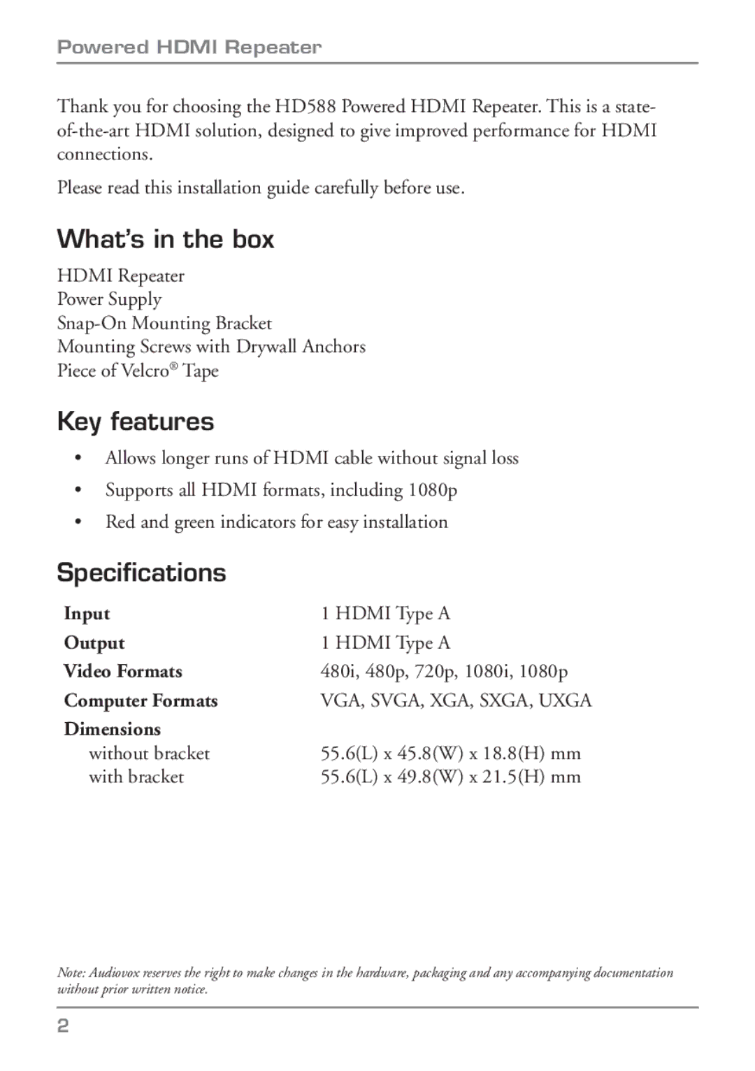 Audiovox HD588 manual What’s in the box, Key features, Speciﬁcations 