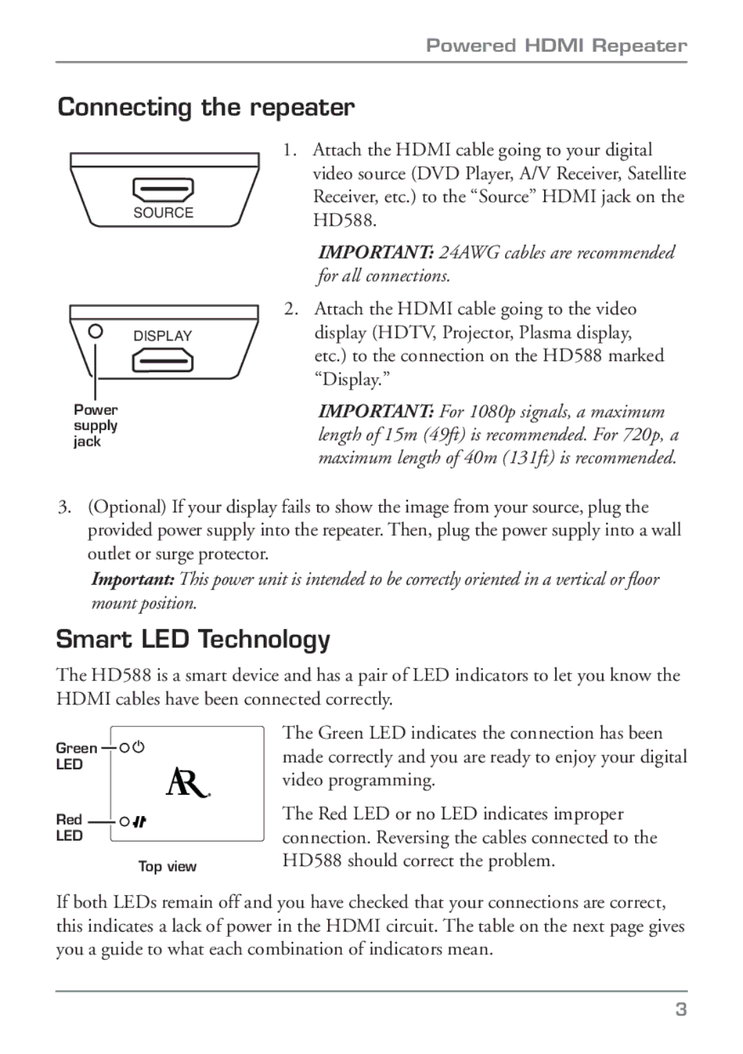 Audiovox HD588 manual Connecting the repeater, Smart LED Technology 