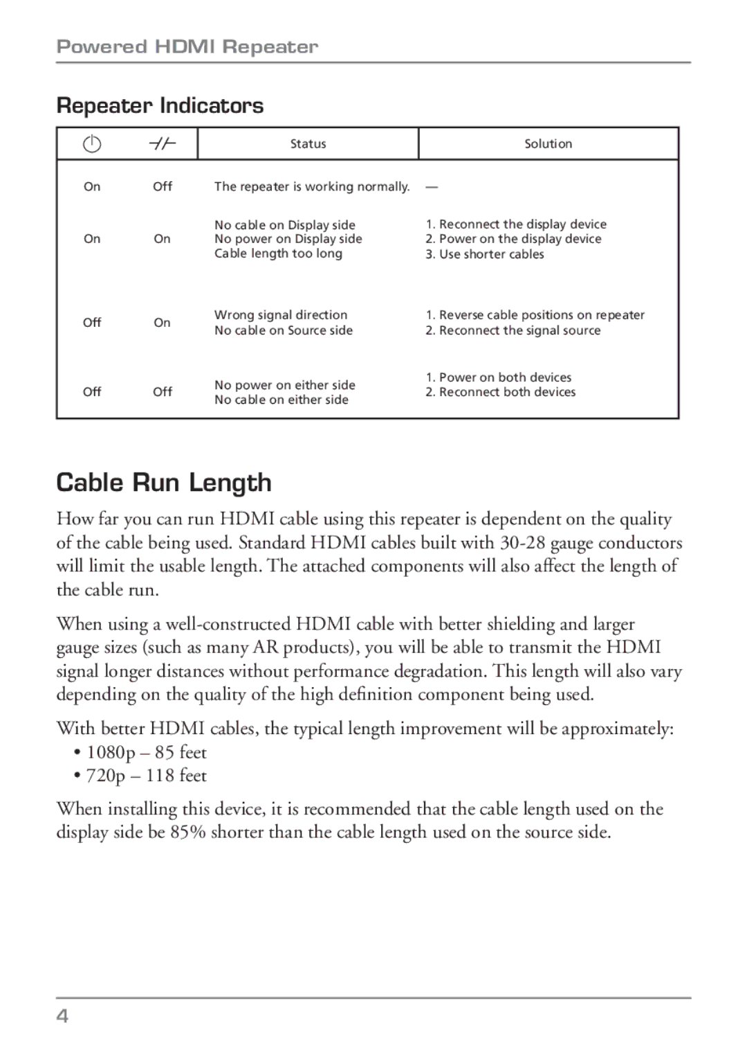 Audiovox HD588 manual Cable Run Length, Repeater Indicators 