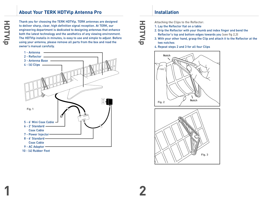 Audiovox owner manual About Your Terk HDTVlp Antenna Pro, Installation, Attaching the Clips to the Reflector 