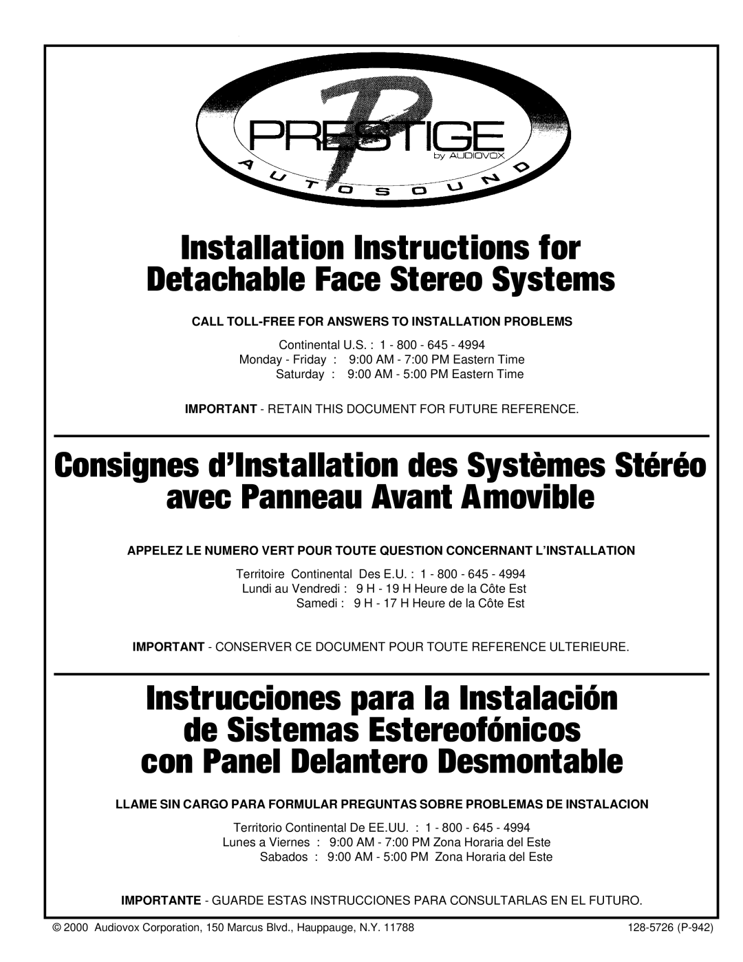 Audiovox Home Stereo System installation instructions Avec Panneau Avant Amovible 