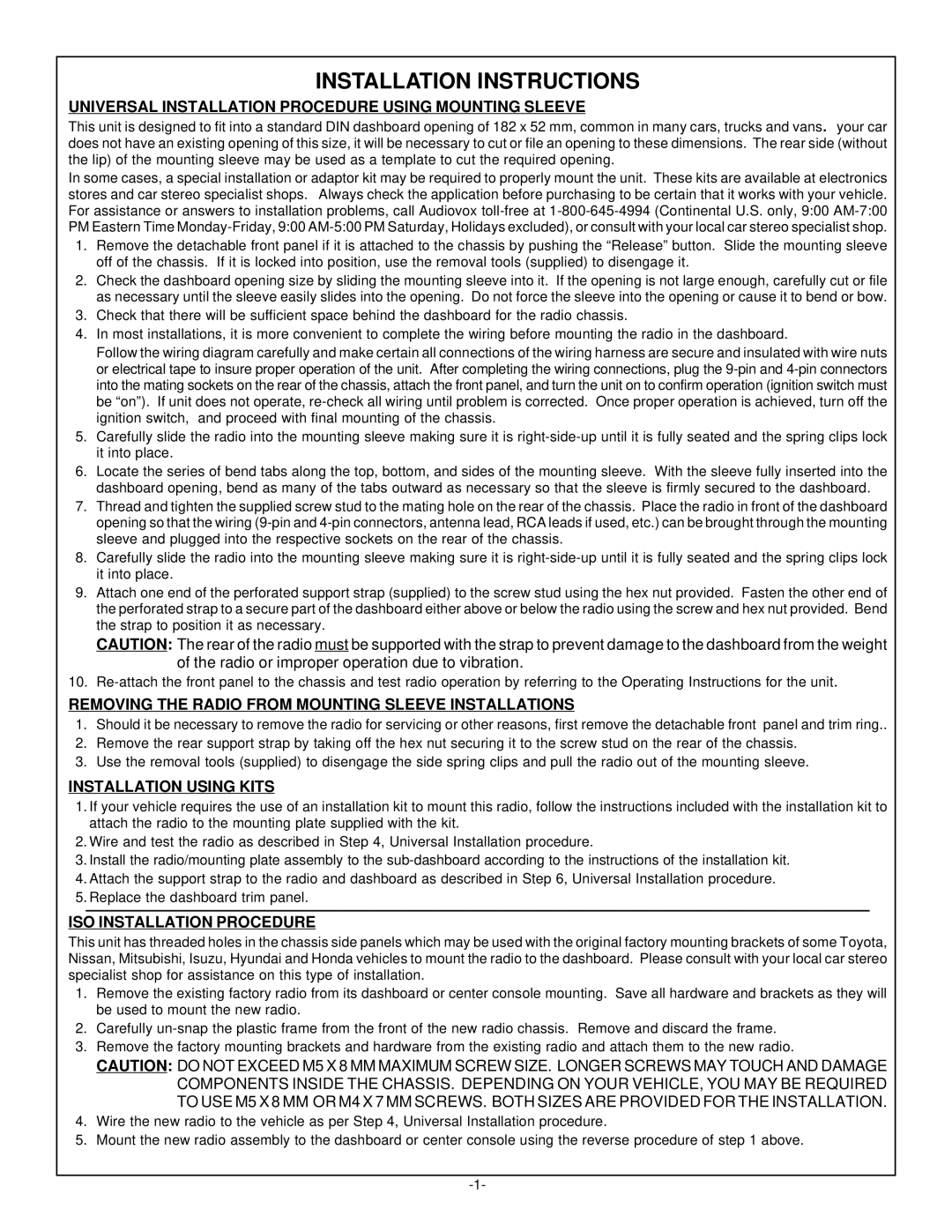 Audiovox Home Stereo System Installation Instructions, Universal Installation Procedure Using Mounting Sleeve 