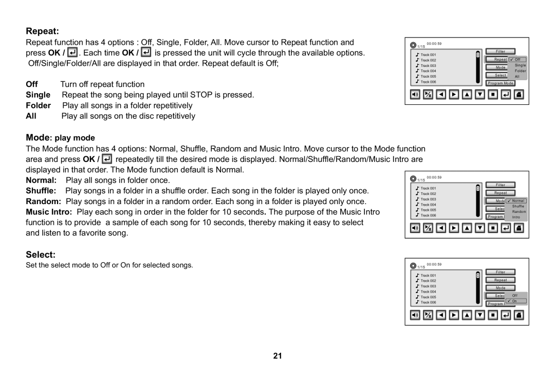 Audiovox HR7008APKG operation manual Repeat, Select 