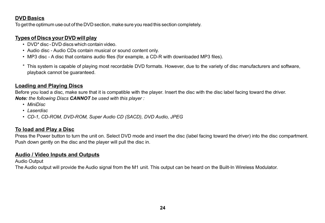 Audiovox HR7008APKG DVD Basics, Types of Discs your DVD will play, Loading and Playing Discs, To load and Play a Disc 