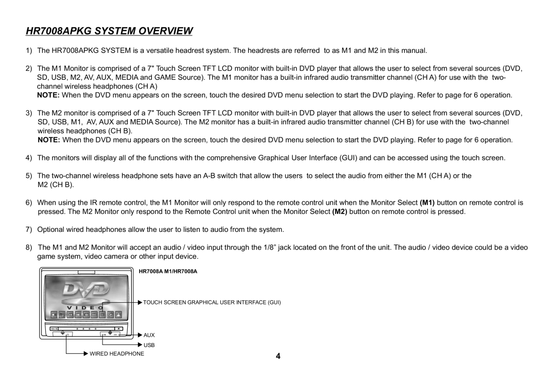 Audiovox operation manual HR7008APKG System Overview 