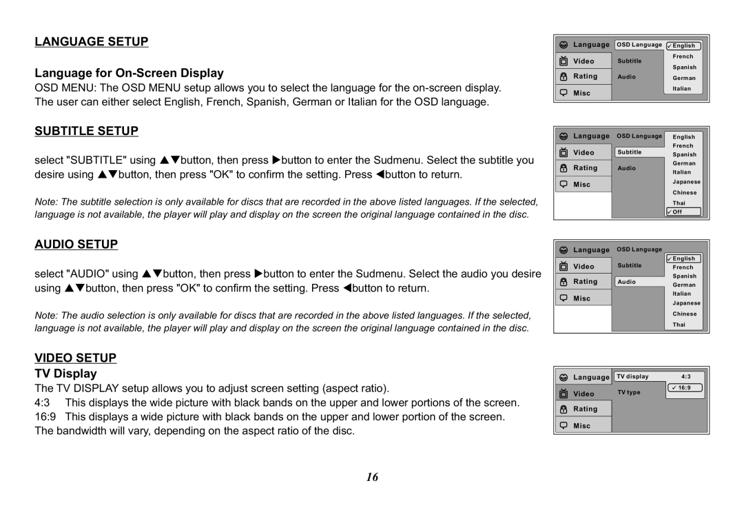 Audiovox HR7008PKG operation manual Language for On-Screen Display, TV Display 