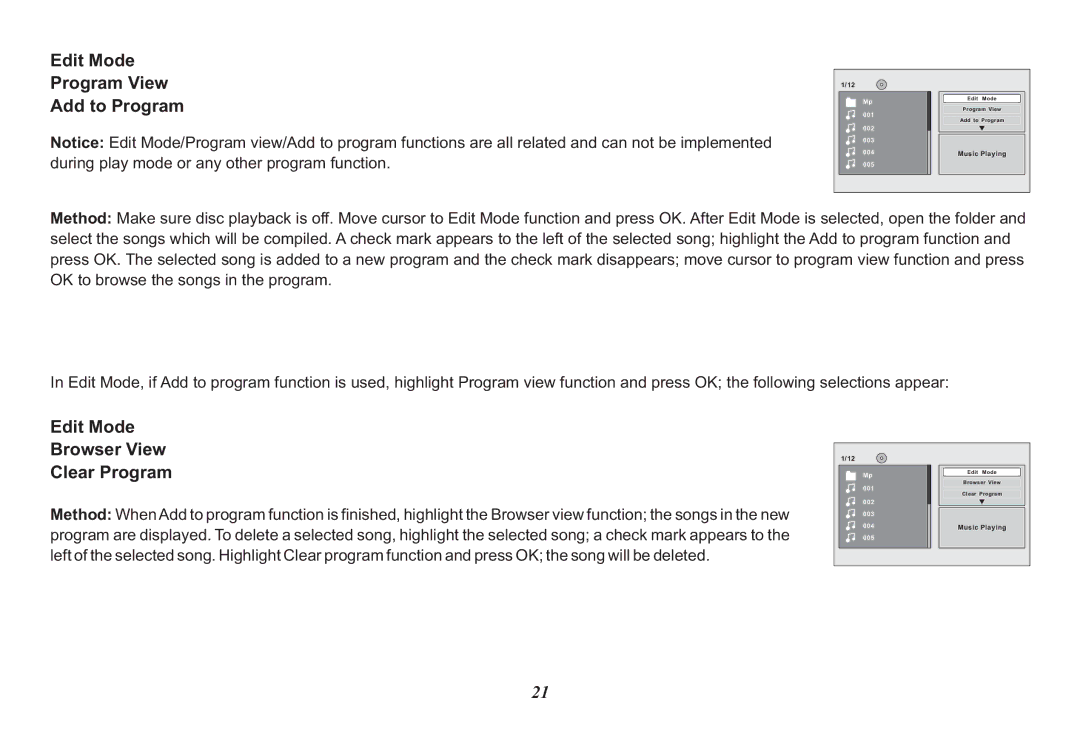 Audiovox HR7008PKG operation manual Edit Mode Program View Add to Program, Edit Mode Browser View Clear Program 