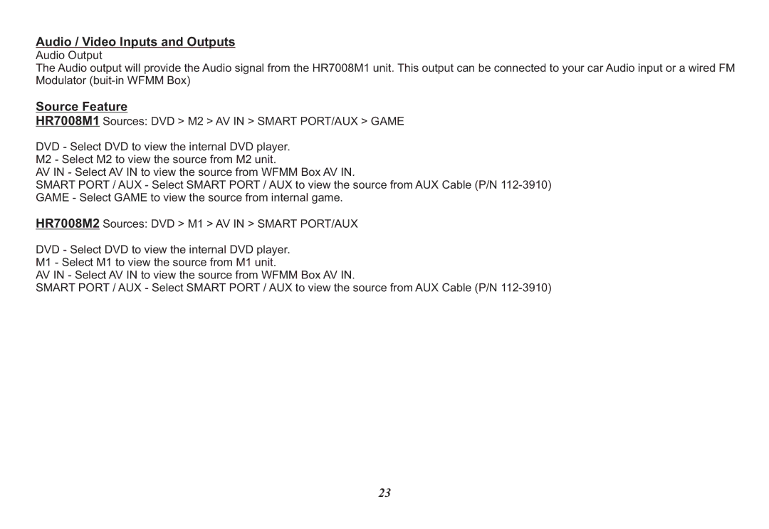 Audiovox HR7008PKG operation manual Audio / Video Inputs and Outputs, Source Feature 