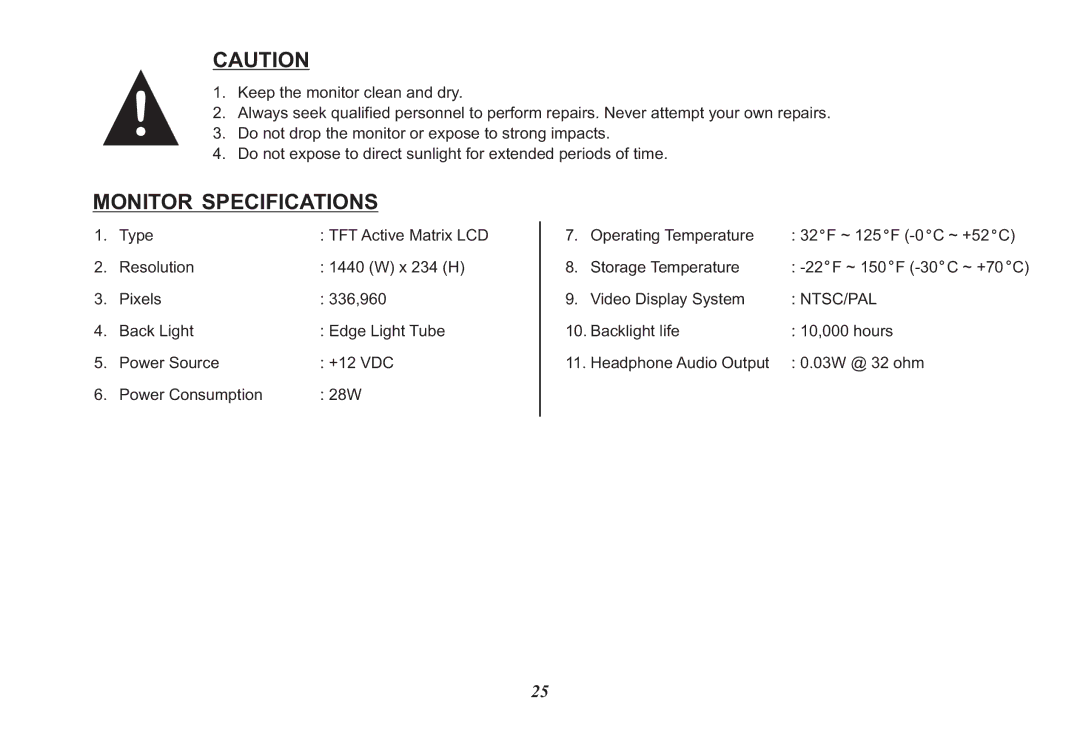 Audiovox HR7008PKG operation manual Monitor Specifications 