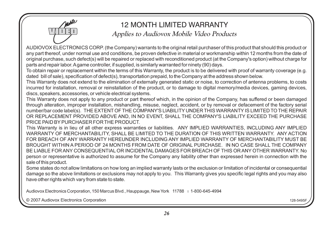 Audiovox HR7008PKG operation manual Month Limited Warranty 