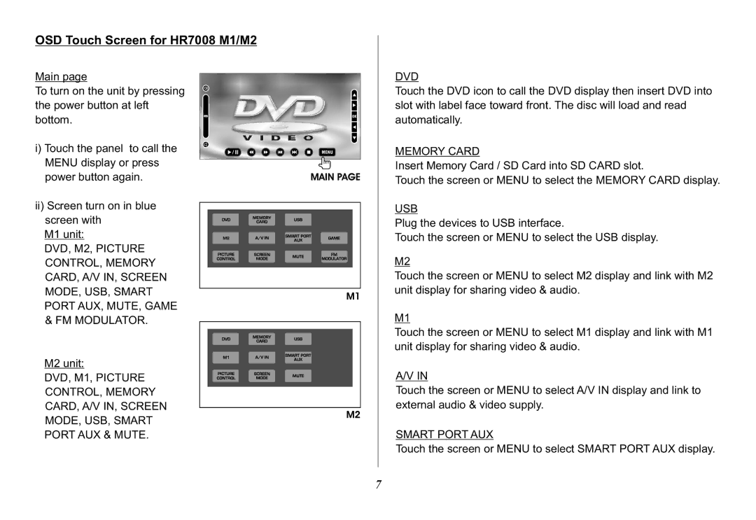 Audiovox HR7008PKG operation manual OSD Touch Screen for HR7008 M1/M2, Dvd 