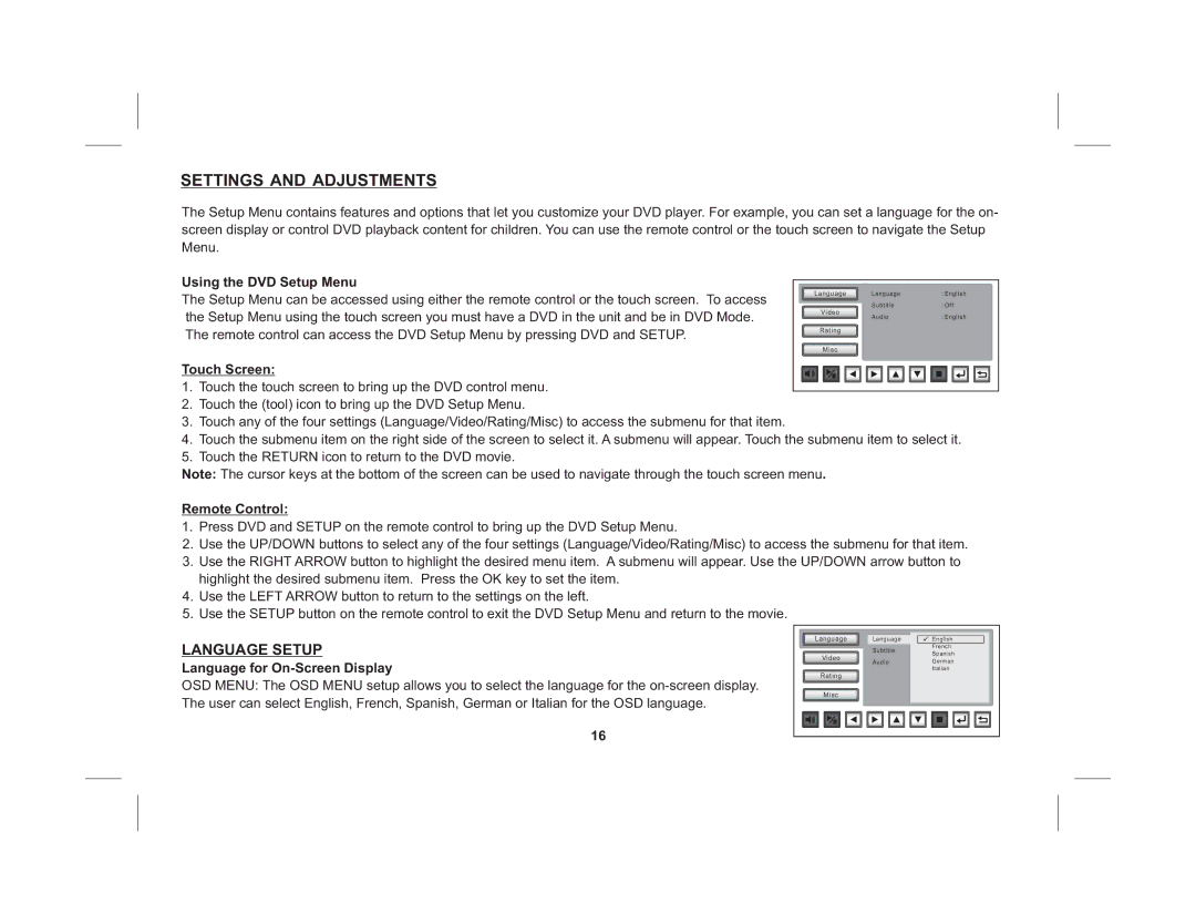 Audiovox HR7011PKG Language Setup, Using the DVD Setup Menu, Touch Screen, Remote Control, Language for On-Screen Display 