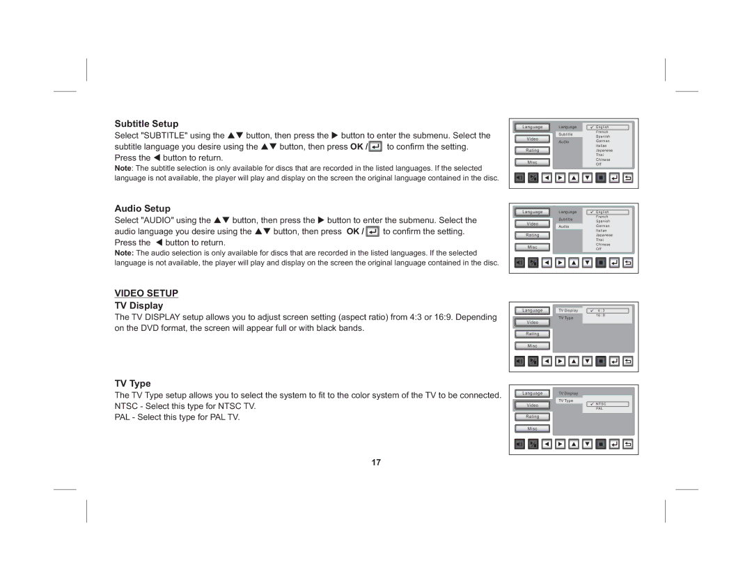 Audiovox HR7011PKG operation manual Subtitle Setup, Audio Setup, Video Setup, TV Display, TV Type 