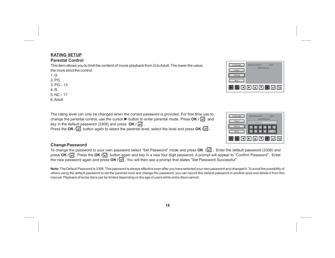 Audiovox HR7011PKG operation manual Rating Setup, Parental Control, Change Password 