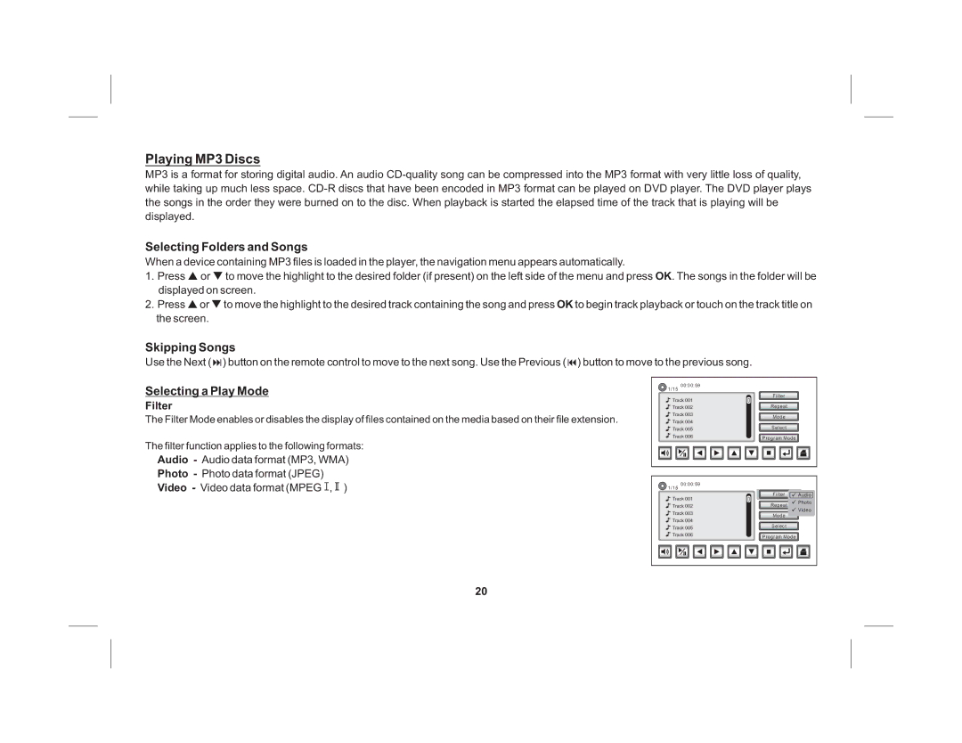 Audiovox HR7011PKG operation manual Selecting Folders and Songs, Skipping Songs, Selecting a Play Mode, Filter 