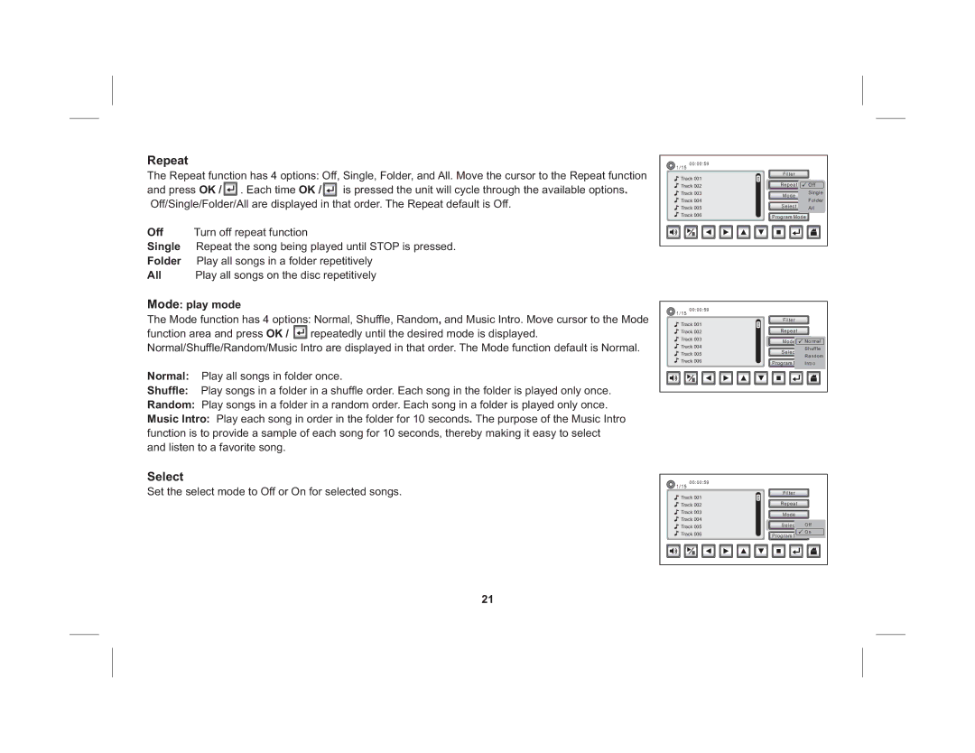 Audiovox HR7011PKG operation manual Repeat, Select, Mode play mode 