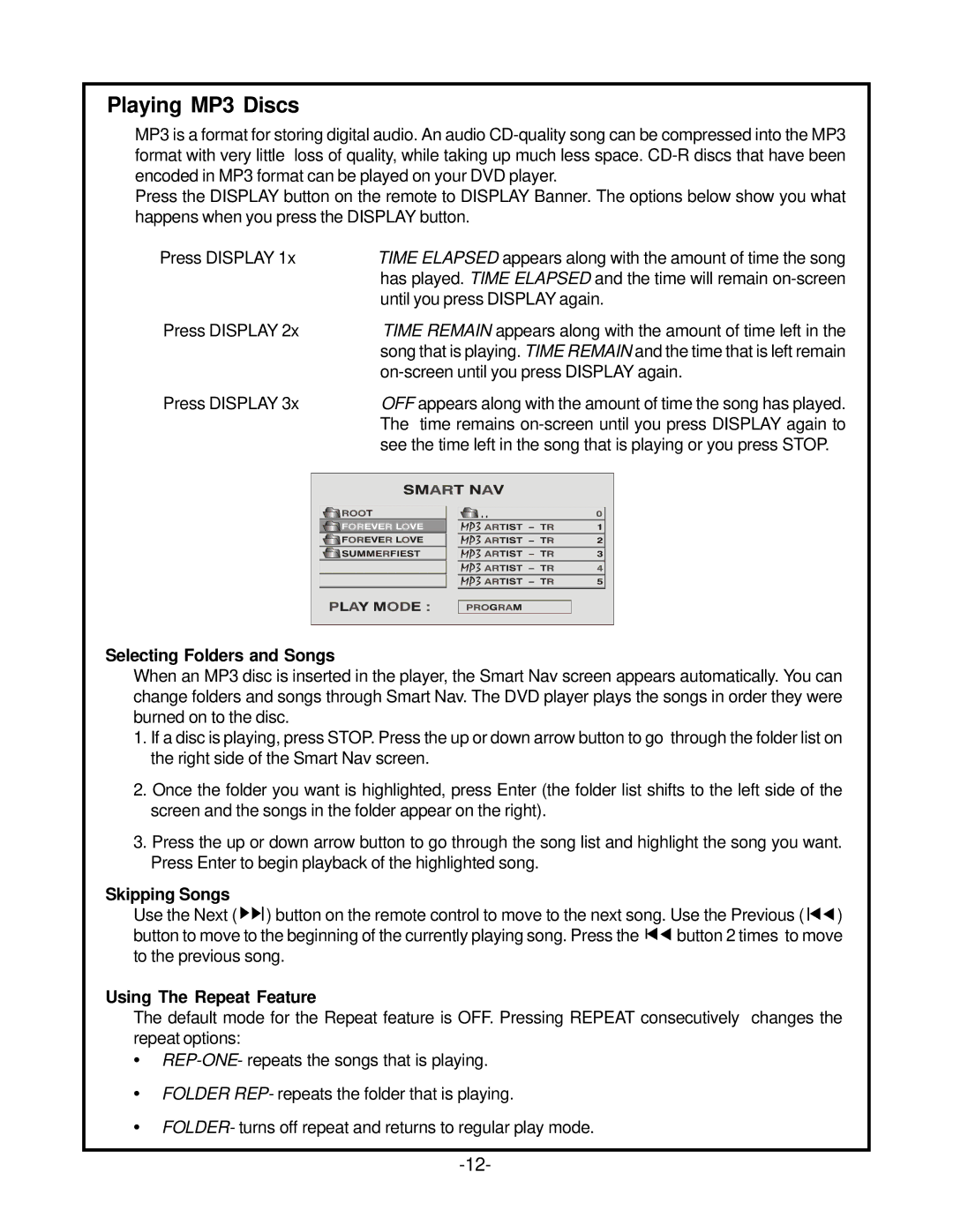 Audiovox HRDV700 operation manual Playing MP3 Discs, Selecting Folders and Songs, Skipping Songs 