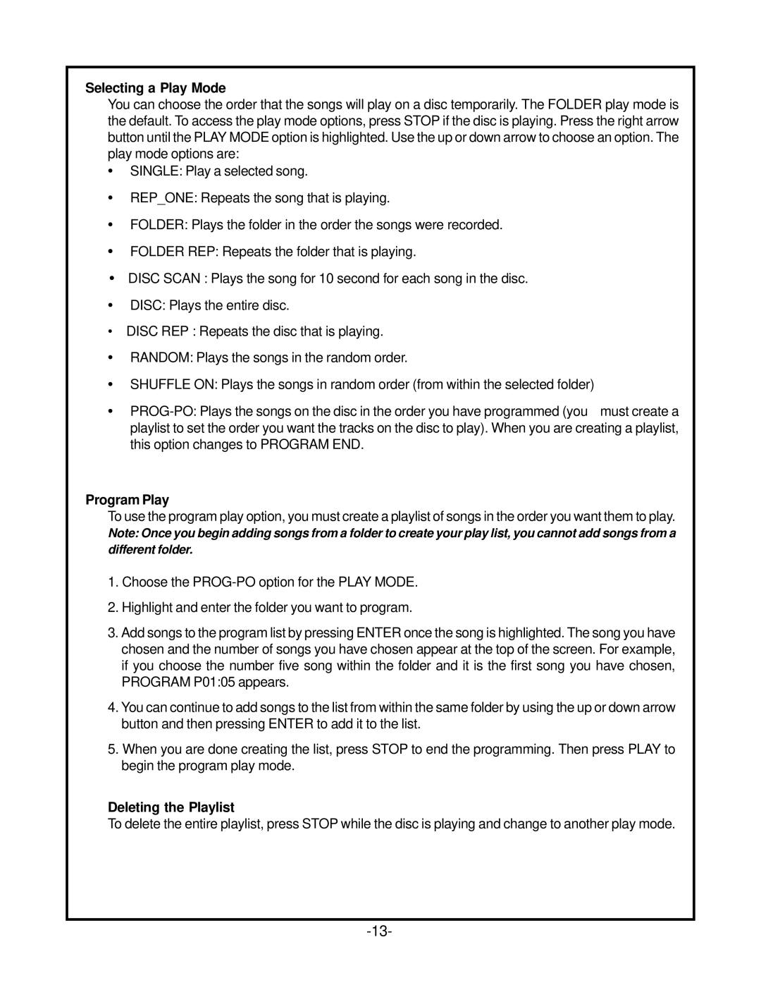 Audiovox HRDV700 operation manual Selecting a Play Mode, Program Play, Deleting the Playlist 