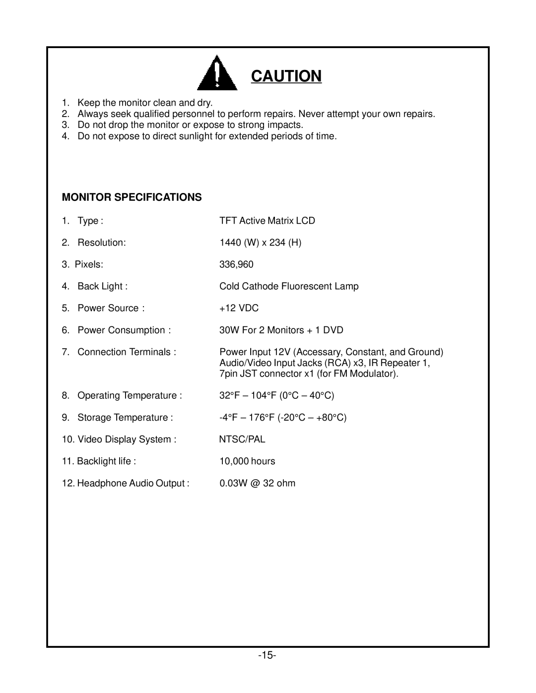 Audiovox HRDV700 operation manual Monitor Specifications 