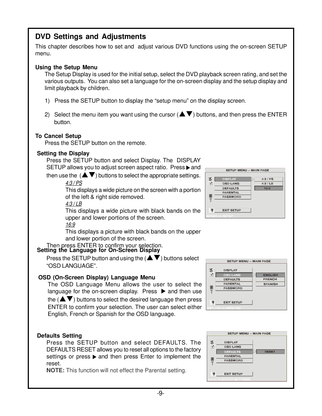 Audiovox HRDV700 operation manual DVD Settings and Adjustments 