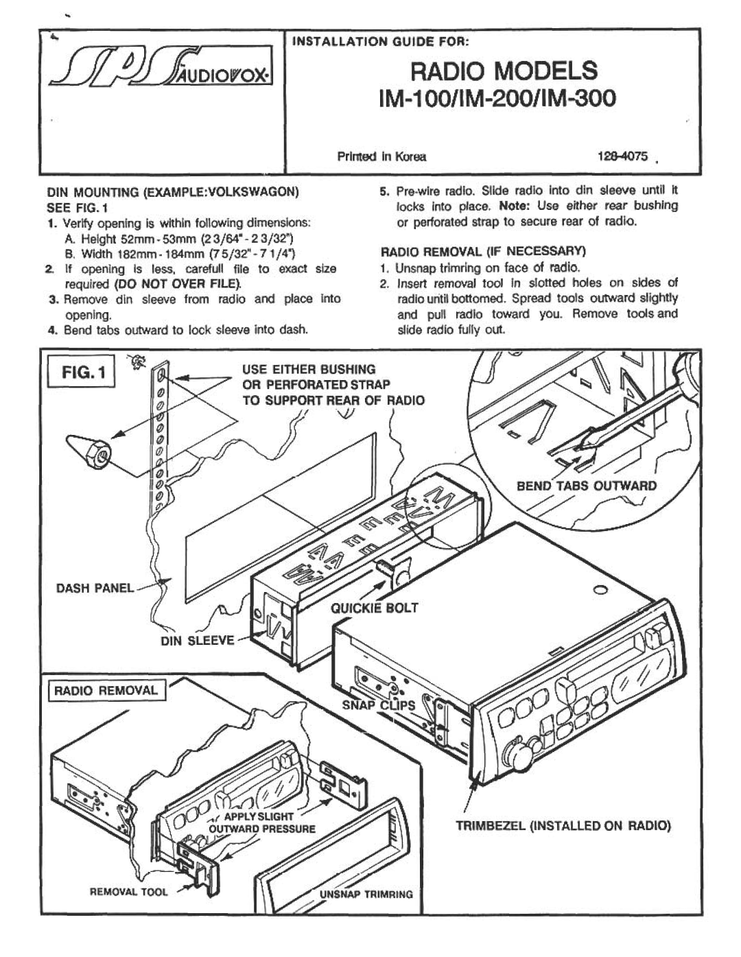 Audiovox IM-300, IM-100, IM-200 dimensions ~Adio Remov~ 