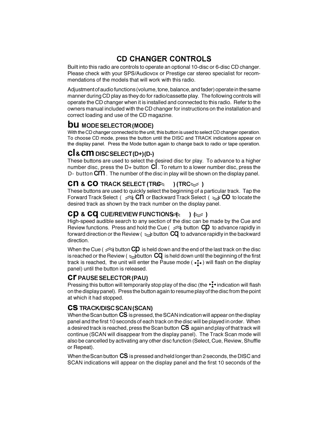 Audiovox IM-500 owner manual CD Changer Controls 