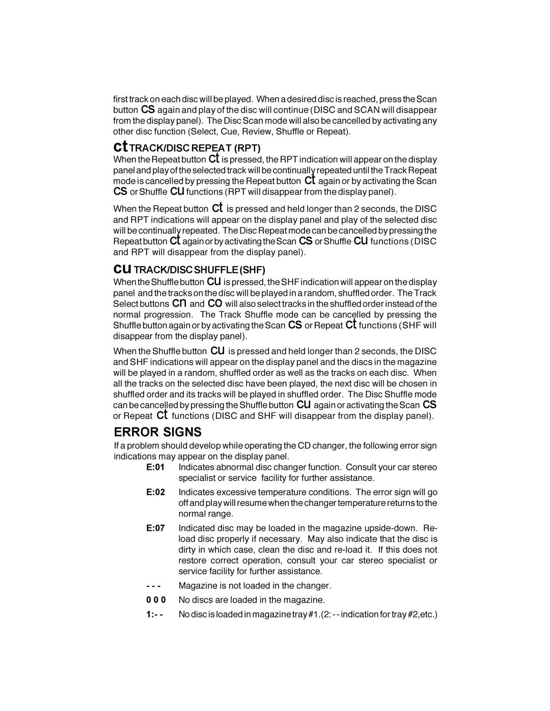 Audiovox IM-500 owner manual Error Signs, CtTRACK/DISC Repeat RPT, CuTRACK/DISCSHUFFLESHF 