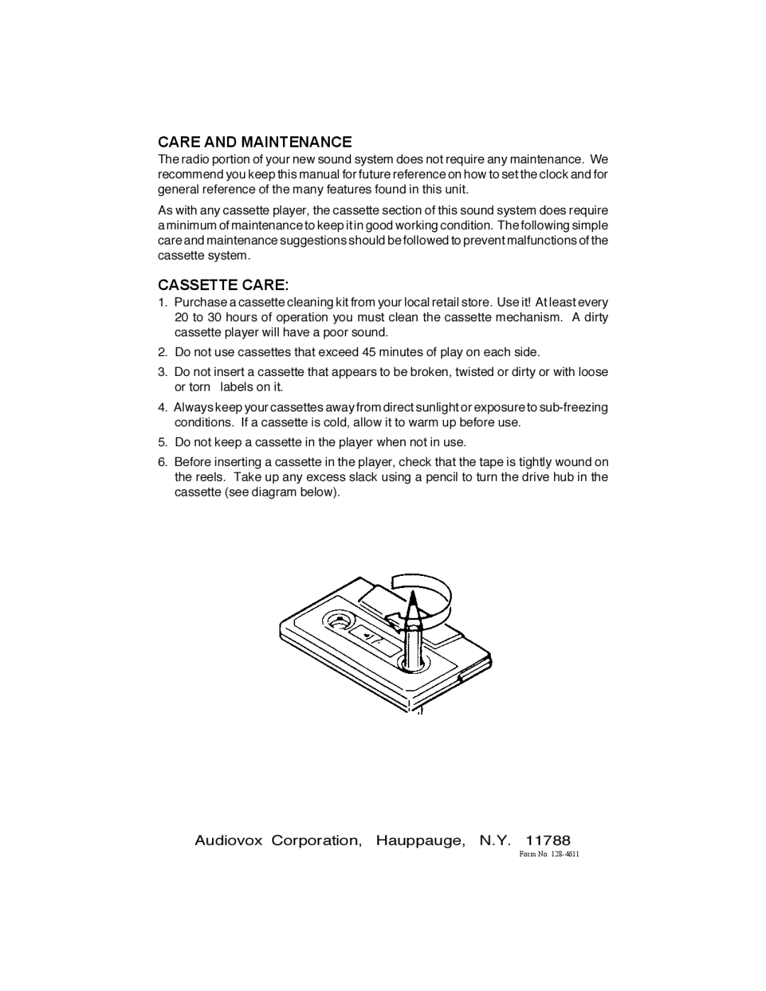 Audiovox IM-500 owner manual Care and Maintenance, Audiovox Corporation, Hauppauge, N.Y 