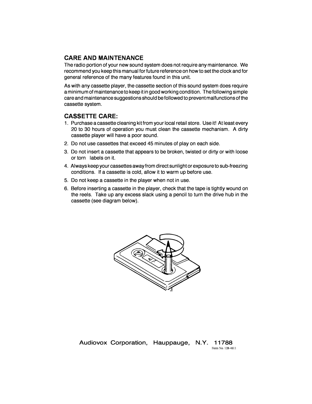 Audiovox IM-500 owner manual Audiovox Corporation, Hauppauge, N.Y, Care And Maintenance, Cassette Care 