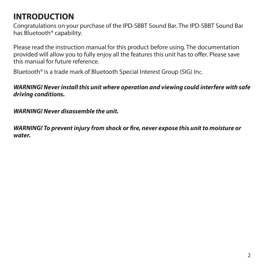 Audiovox IPD-SBBT manual Introduction 