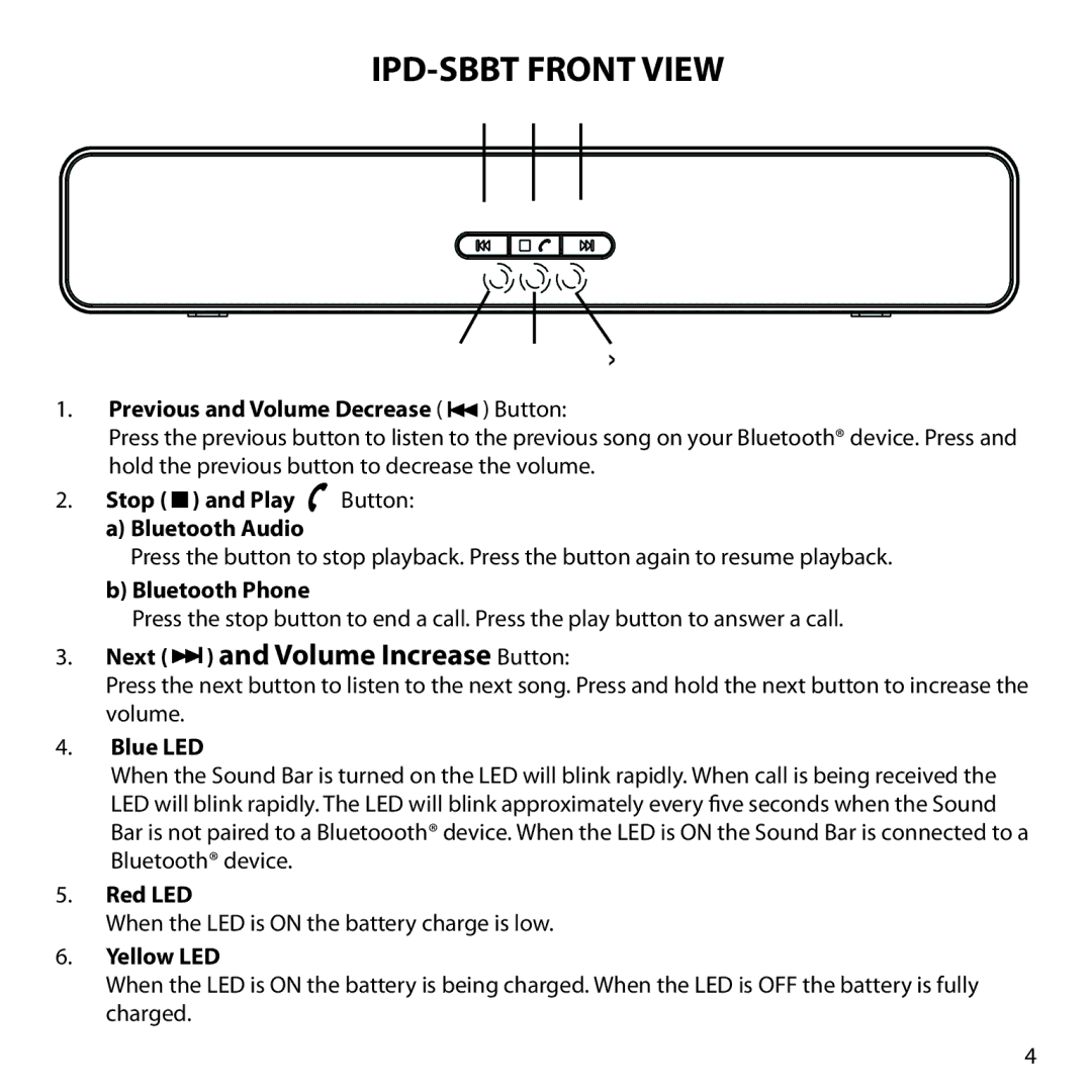 Audiovox IPD-SBBT Previous and Volume Decrease Button, Stop and Play Button Bluetooth Audio, Bluetooth Phone, Blue LED 