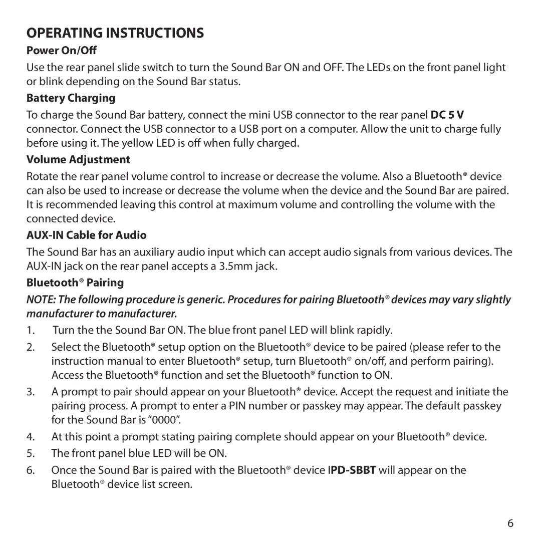 Audiovox IPD-SBBT manual Power On/Off, Battery Charging, Volume Adjustment, AUX-IN Cable for Audio, Bluetooth Pairing 