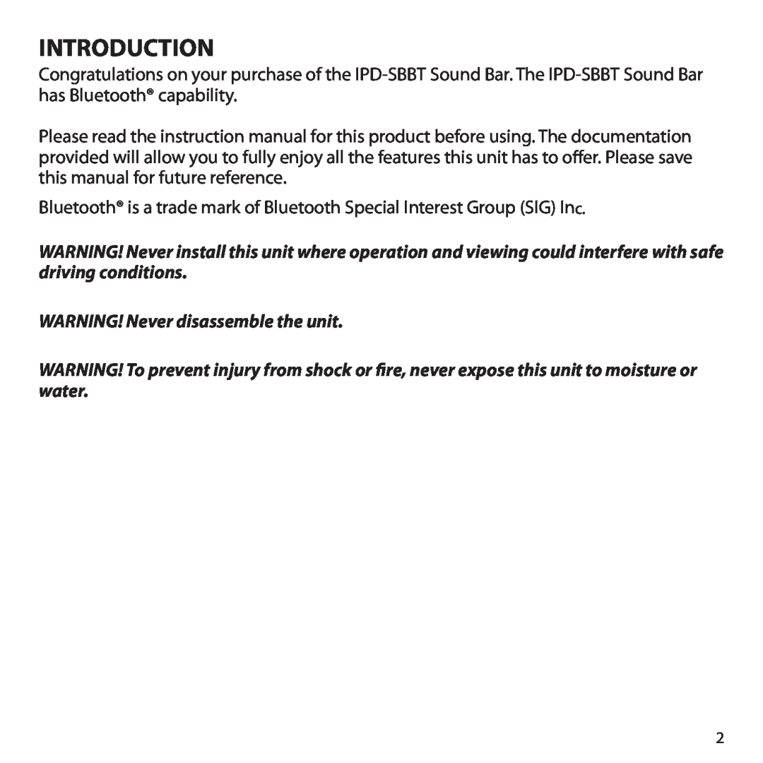 Audiovox IPD-SBBT manual Introduction 