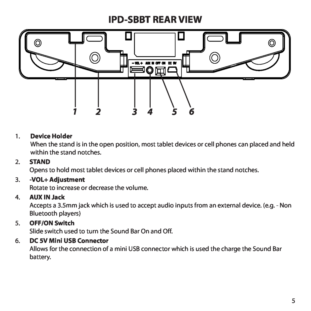 Audiovox IPD-SBBT manual Ipd-Sbbtrear View, Device Holder, Stand, VOL+Adjustment, AUX IN Jack, 5.OFF/ON Switch 