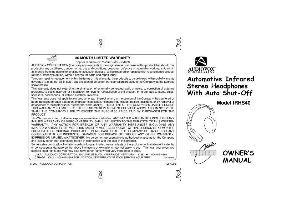 Audiovox IRHS40 warranty OWNER’S Manual, Fold, Month Limited Warranty, Applies to Audiovox Mobile Video Products 