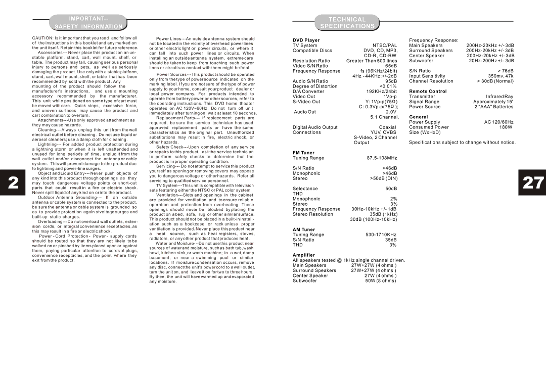 Audiovox DV35H00, JHT350 manual Technical Specifications 