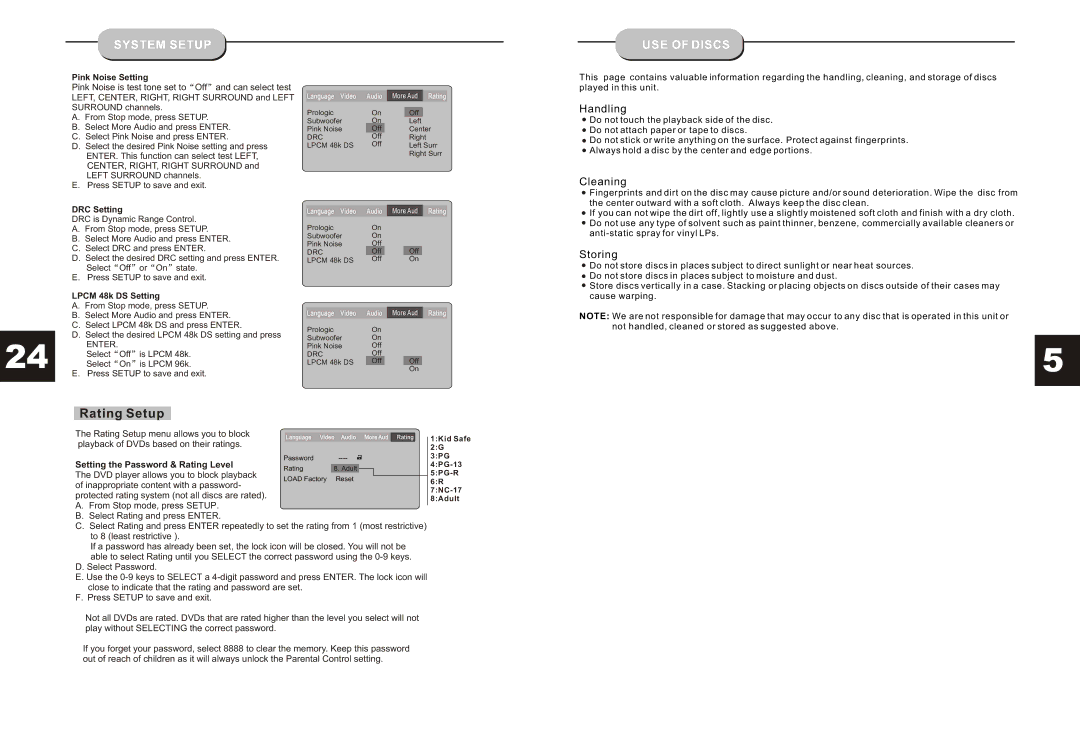 Audiovox JHT350, DV35H00 manual System Setup USE of Discs, Pink Noise Setting, DRC Setting, Lpcm 48k DS Setting 