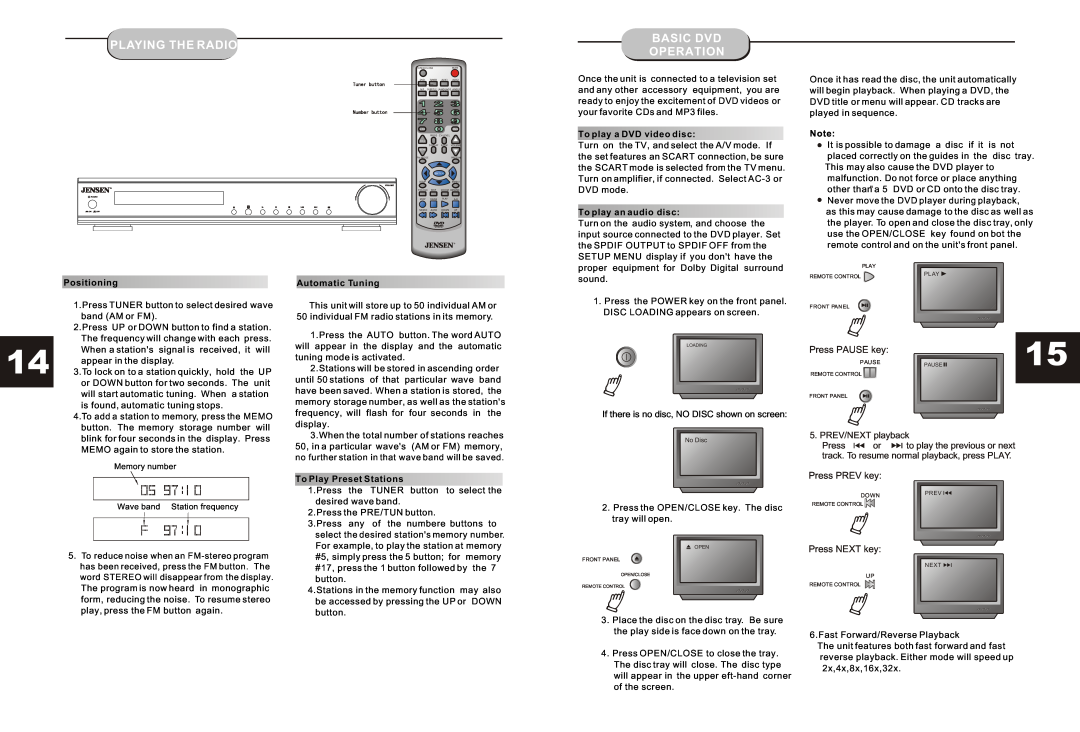 Audiovox DV35H00, JHT350 manual Playing The Radio, Basic Dvd Operation, Press PAUSE key, Press PREV key, Press NEXT key 